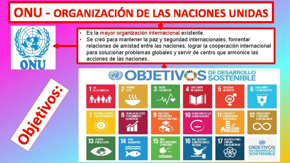 ONU - ORGANIZACIÓN DE LAS NACIONES UNIDAS Ob . jet i vo s: •