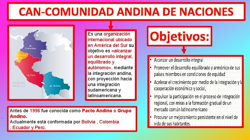 CAN-COMUNIDAD ANDINA DE NACIONES , Es una organización internacional ubicado en América del Sur