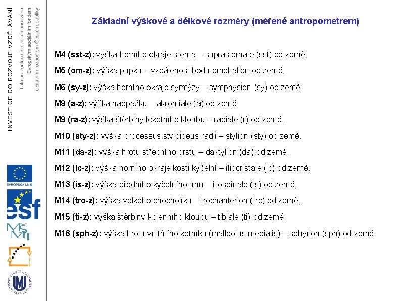 Základní výškové a délkové rozměry (měřené antropometrem) M 4 (sst-z): výška horního okraje sterna