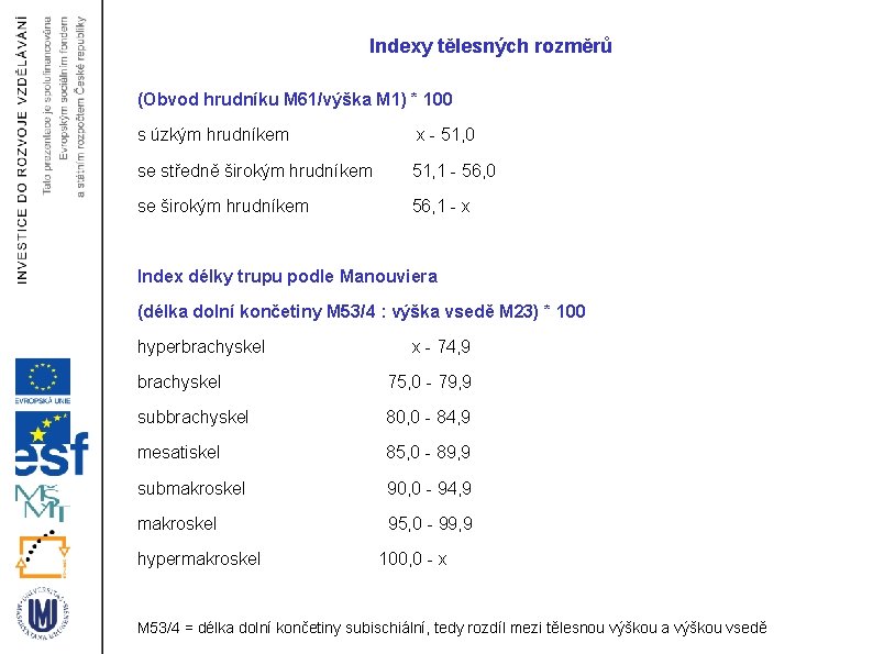 Indexy tělesných rozměrů (Obvod hrudníku M 61/výška M 1) * 100 s úzkým hrudníkem
