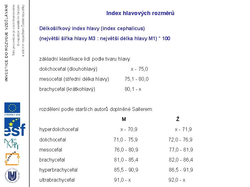 Index hlavových rozměrů Délkošířkový index hlavy (index cephalicus) (největší šířka hlavy M 3 :