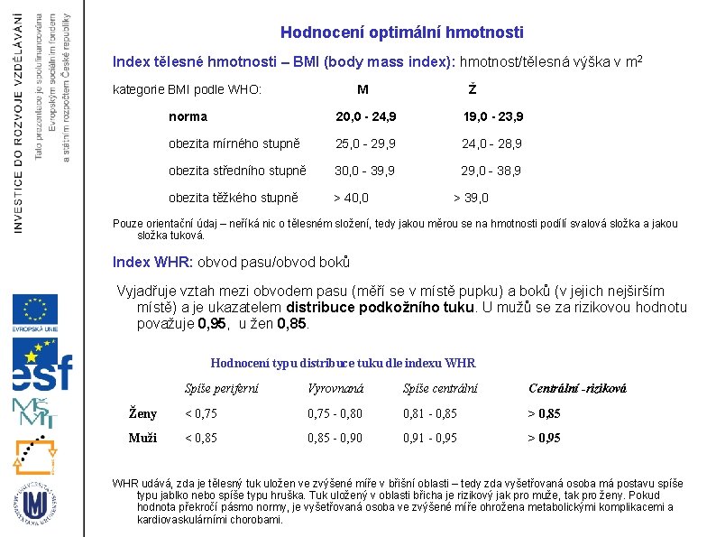 Hodnocení optimální hmotnosti Index tělesné hmotnosti – BMI (body mass index): hmotnost/tělesná výška v