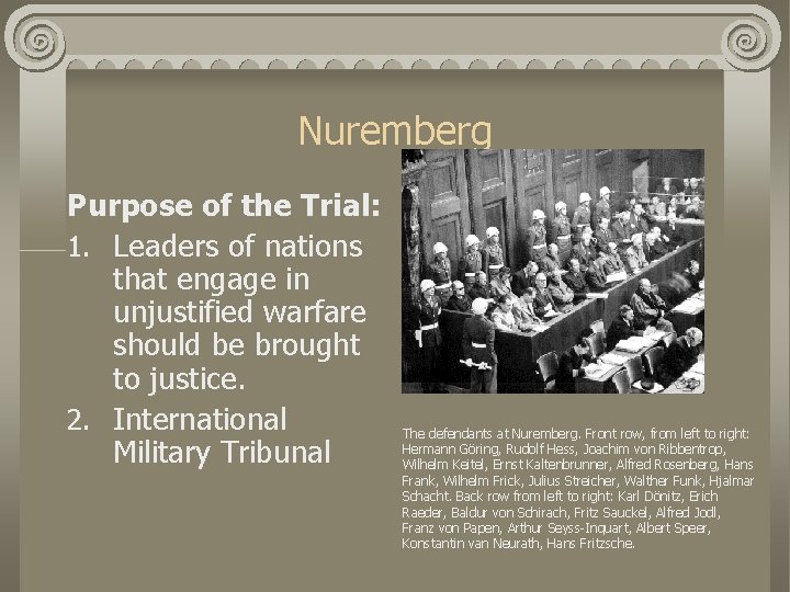 Nuremberg Purpose of the Trial: 1. Leaders of nations that engage in unjustified warfare