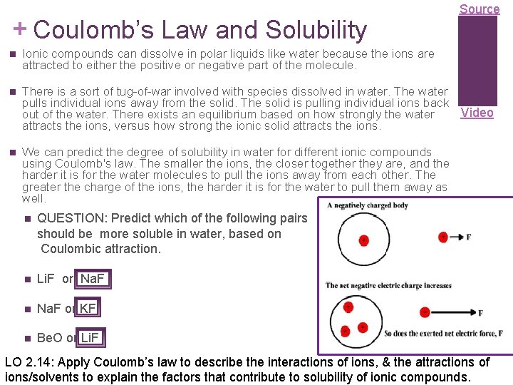 + Coulomb’s Law and Solubility Source n Ionic compounds can dissolve in polar liquids