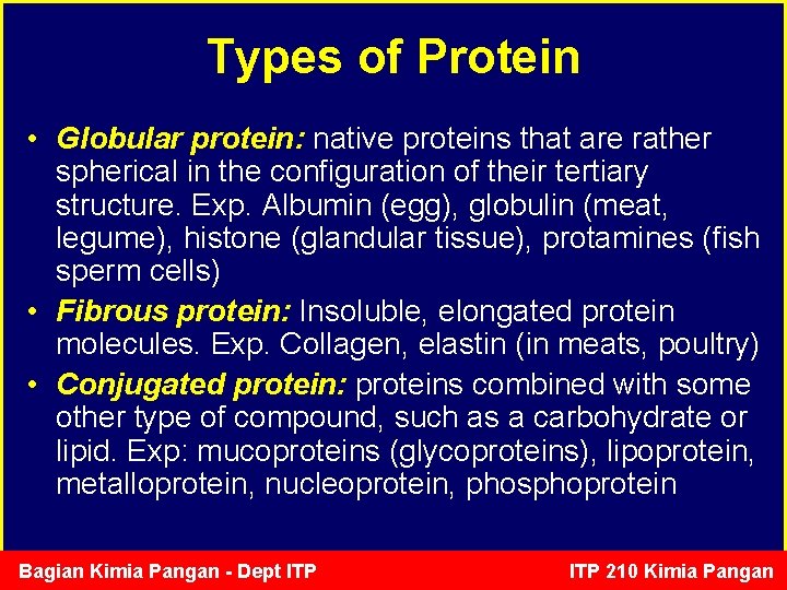 Types of Protein • Globular protein: native proteins that are rather spherical in the