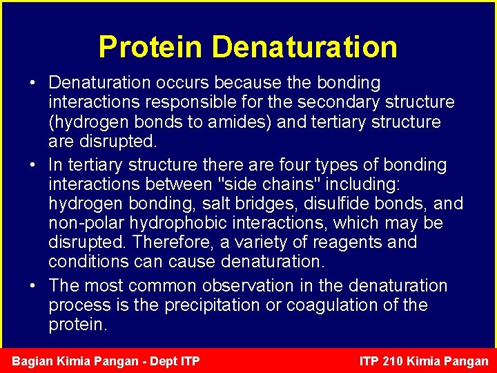 Protein Denaturation • Denaturation occurs because the bonding interactions responsible for the secondary structure