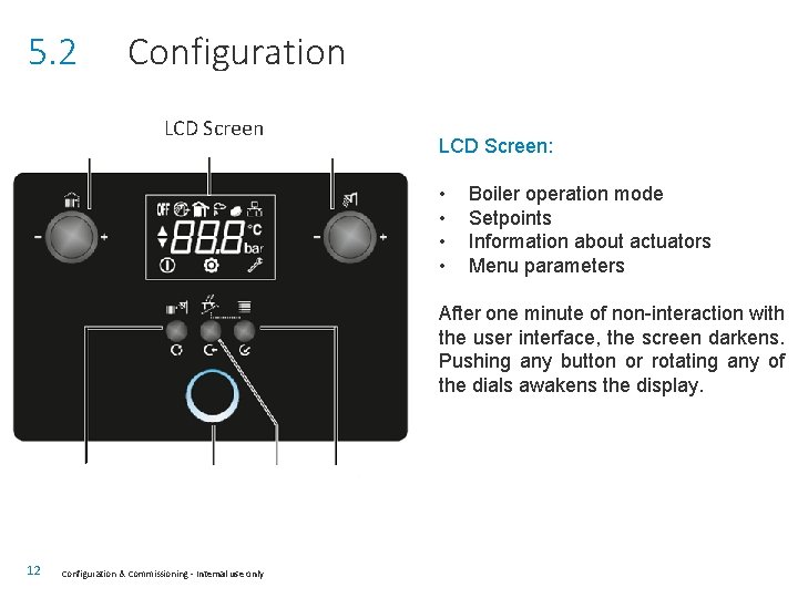 5. 2 Configuration LCD Screen: • • Boiler operation mode Setpoints Information about actuators