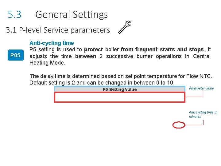 5. 3 General Settings 3. 1 P-level Service parameters P 05 Anti-cycling time P