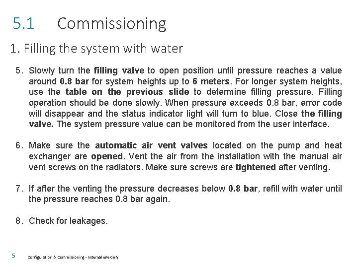 5. 1 Commissioning 1. Filling the system with water 5. Slowly turn the filling