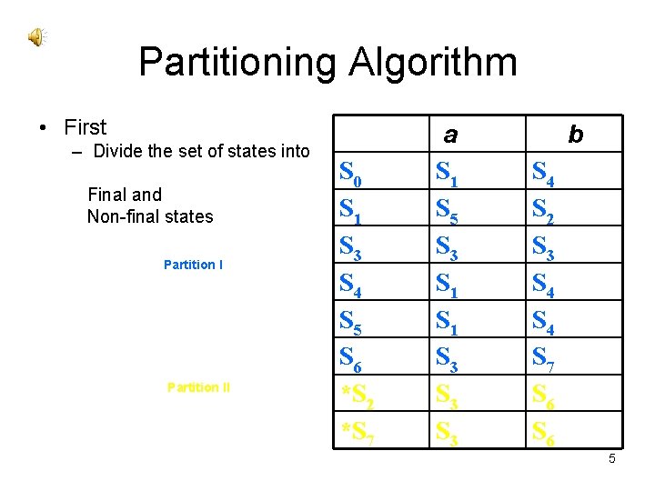 Partitioning Algorithm • First – Divide the set of states into Final and Non-final