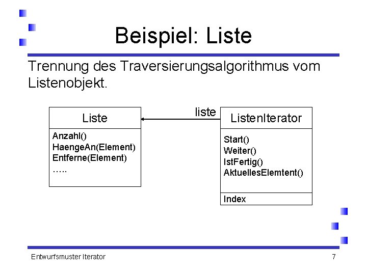 Beispiel: Liste Trennung des Traversierungsalgorithmus vom Listenobjekt. Liste Anzahl() Haenge. An(Element) Entferne(Element) …. .