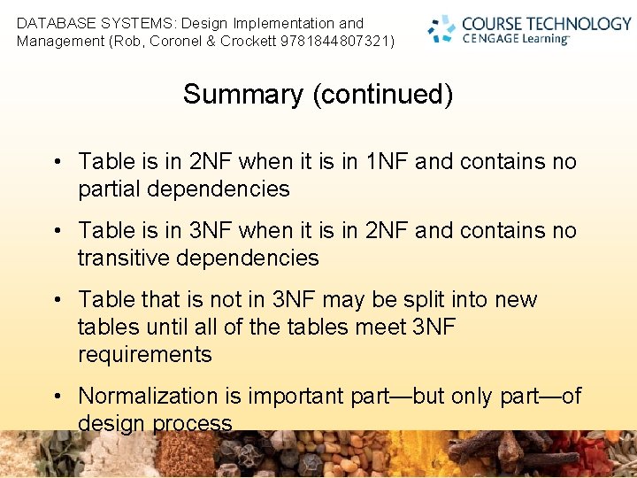 DATABASE SYSTEMS: Design Implementation and Management (Rob, Coronel & Crockett 9781844807321) 2 Summary (continued)