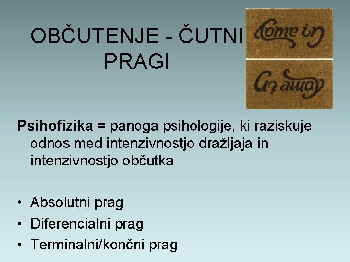 OBČUTENJE - ČUTNI PRAGI Psihofizika = panoga psihologije, ki raziskuje odnos med intenzivnostjo dražljaja