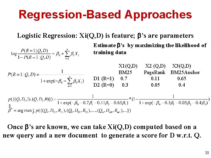 Regression-Based Approaches Logistic Regression: Xi(Q, D) is feature; ’s are parameters Estimate ’s by
