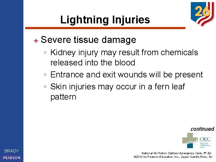 Lightning Injuries l Severe tissue damage ◦ Kidney injury may result from chemicals released