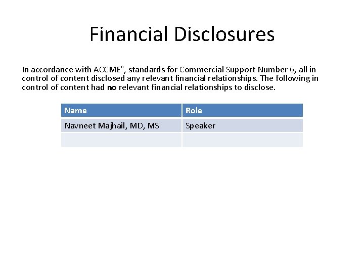 Financial Disclosures In accordance with ACCME®, standards for Commercial Support Number 6, all in