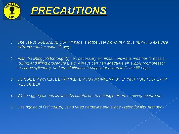 PRECAUTIONS 1. The use of SUBSALVE USA lift bags is at the user's own