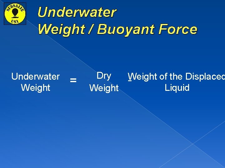 Underwater Weight / Buoyant Force Underwater Weight = Dry Weight of the Displaced Liquid