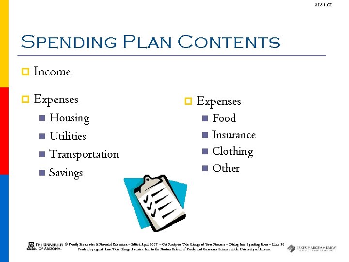 2. 15. 1. G 1 Spending Plan Contents p Income p Expenses Housing n