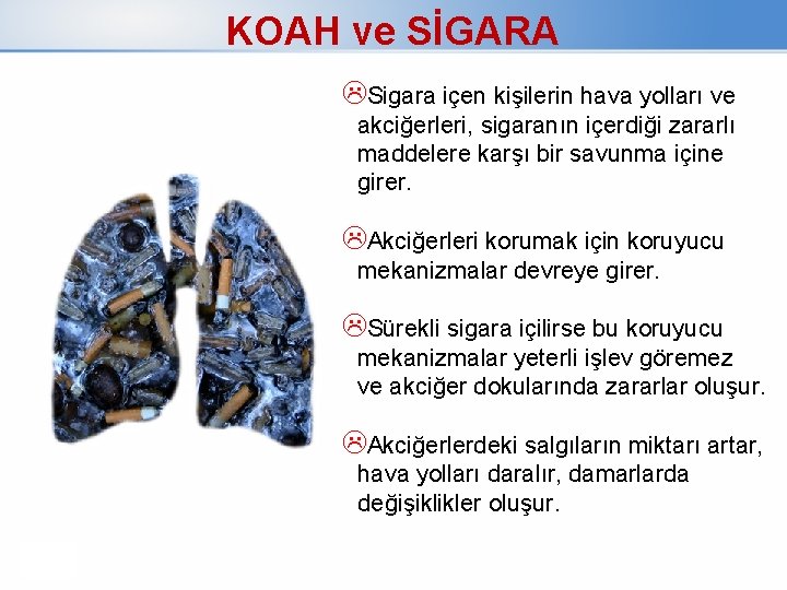 KOAH ve SİGARA LSigara içen kişilerin hava yolları ve akciğerleri, sigaranın içerdiği zararlı maddelere