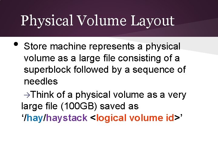 Physical Volume Layout • Store machine represents a physical volume as a large file
