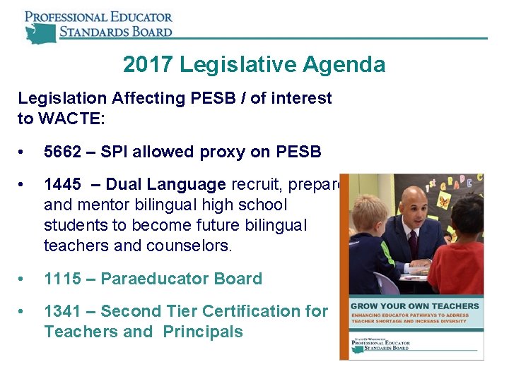 2017 Legislative Agenda Legislation Affecting PESB / of interest to WACTE: • 5662 –