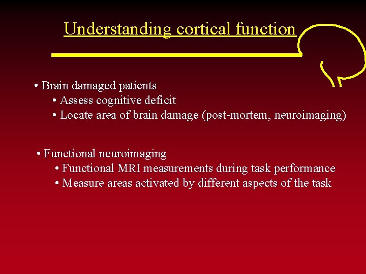 Understanding cortical function • Brain damaged patients • Assess cognitive deficit • Locate area