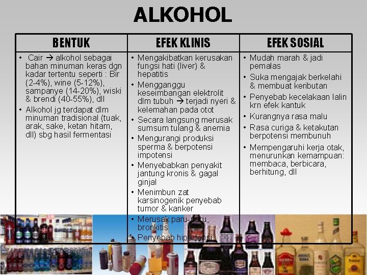 ALKOHOL BENTUK EFEK KLINIS EFEK SOSIAL • Cair alkohol sebagai bahan minuman keras dgn