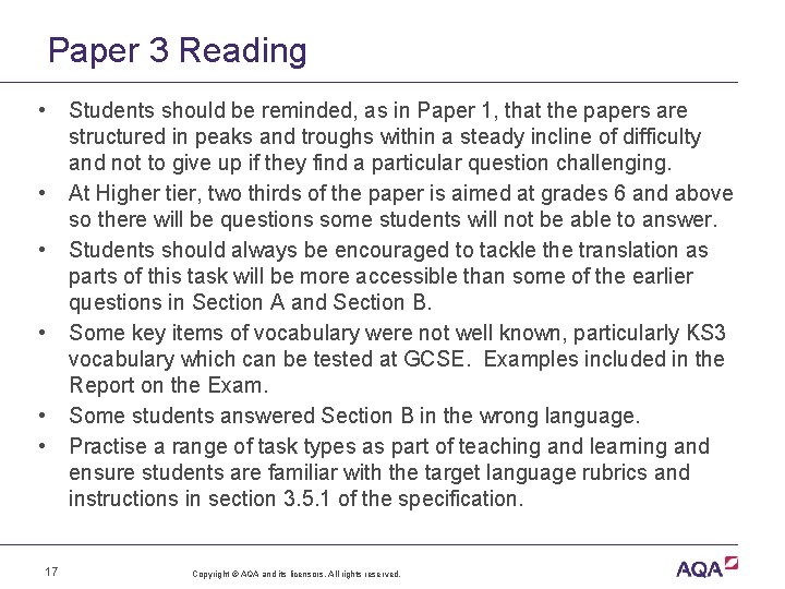 Paper 3 Reading • Students should be reminded, as in Paper 1, that the