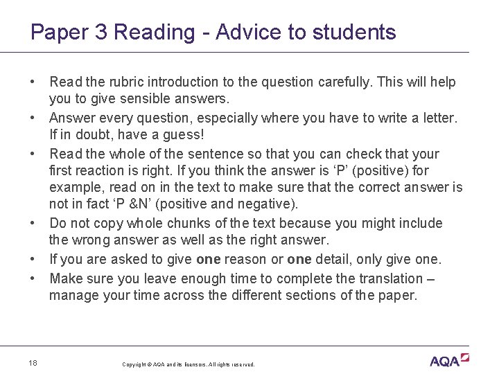 Paper 3 Reading - Advice to students • • • 18 Read the rubric