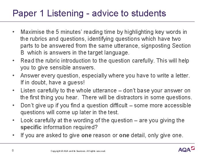Paper 1 Listening - advice to students • • 8 Maximise the 5 minutes’