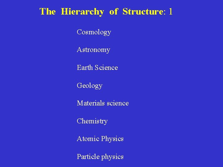 The Hierarchy of Structure: 1 Cosmology Astronomy Earth Science Geology Materials science Chemistry Atomic