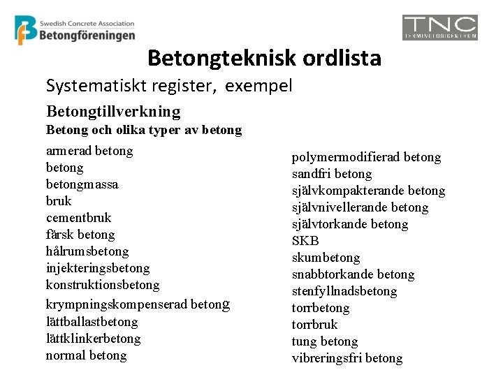 Betongteknisk ordlista Systematiskt register, exempel Betongtillverkning Betong och olika typer av betong armerad betongmassa