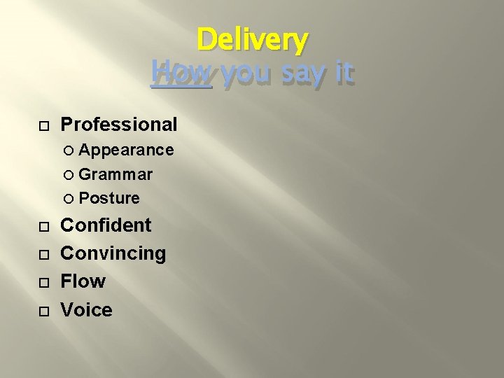 Delivery How you say it Professional Appearance Grammar Posture Confident Convincing Flow Voice 