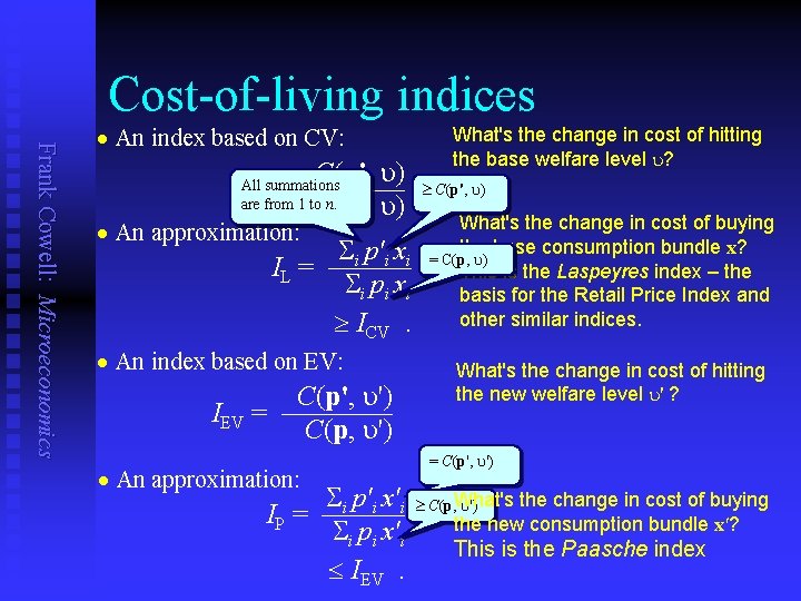 Cost-of-living indices Frank Cowell: Microeconomics n An index based on CV: I C(p', u)
