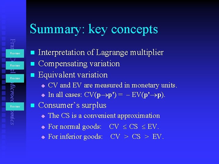 Summary: key concepts Frank Cowell: Microeconomics Review n Review Interpretation of Lagrange multiplier Compensating