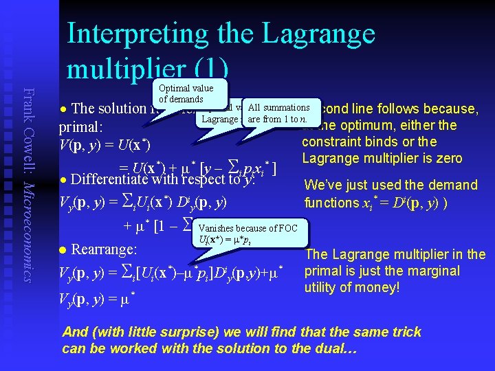Interpreting the Lagrange multiplier (1) Frank Cowell: Microeconomics Optimal value of demands Allofsummations value