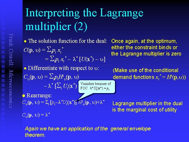 Interpreting the Lagrange multiplier (2) Frank Cowell: Microeconomics n The solution function for the