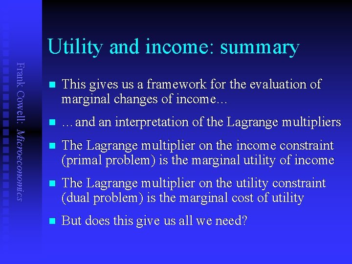 Utility and income: summary Frank Cowell: Microeconomics n This gives us a framework for