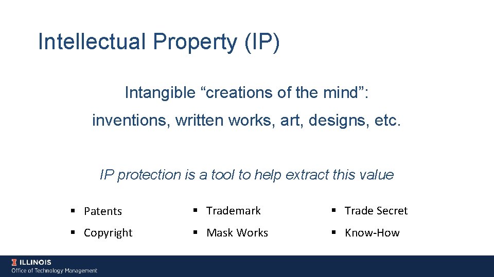 Intellectual Property (IP) Intangible “creations of the mind”: inventions, written works, art, designs, etc.