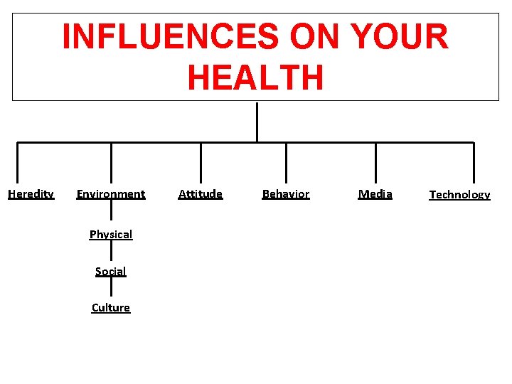 INFLUENCES ON YOUR HEALTH Heredity Environment Physical Social Culture Attitude Behavior Media Technology 