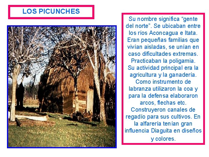 LOS PICUNCHES Su nombre significa “gente del norte”. Se ubicaban entre los ríos Aconcagua
