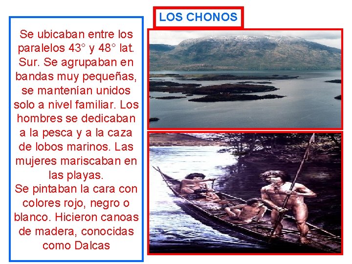 LOS CHONOS Se ubicaban entre los paralelos 43° y 48° lat. Sur. Se agrupaban