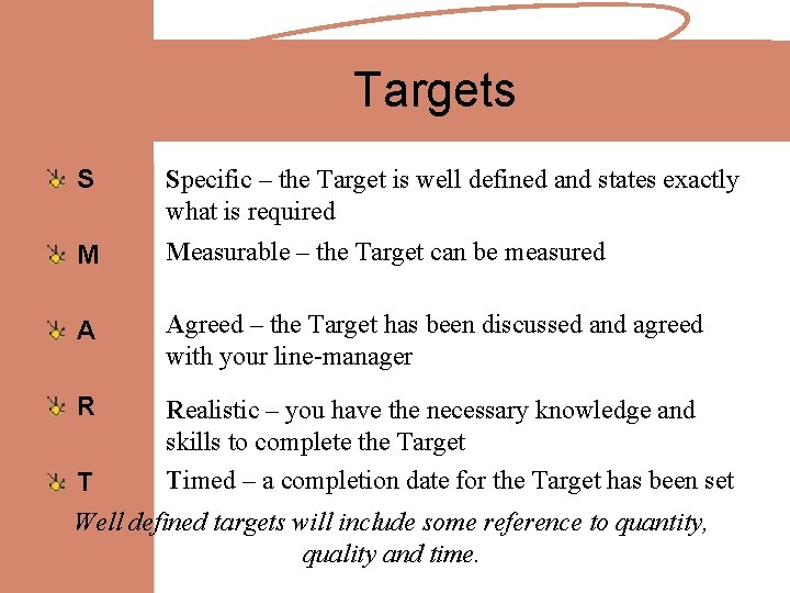 Targets S Specific – the Target is well defined and states exactly what is