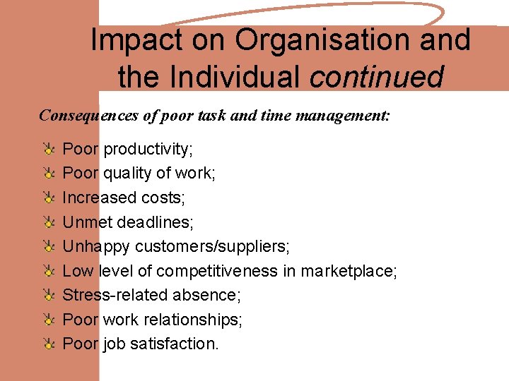 Impact on Organisation and the Individual continued Consequences of poor task and time management: