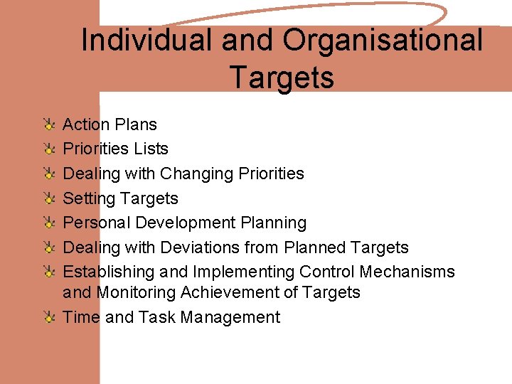 Individual and Organisational Targets Action Plans Priorities Lists Dealing with Changing Priorities Setting Targets