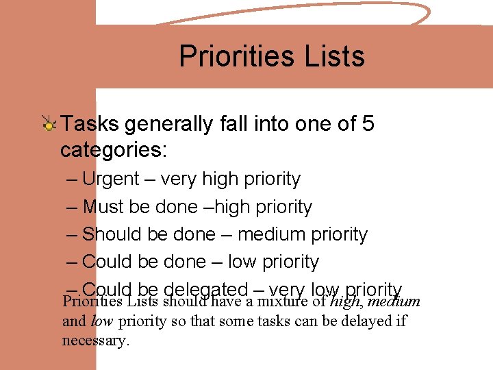 Priorities Lists Tasks generally fall into one of 5 categories: – Urgent – very