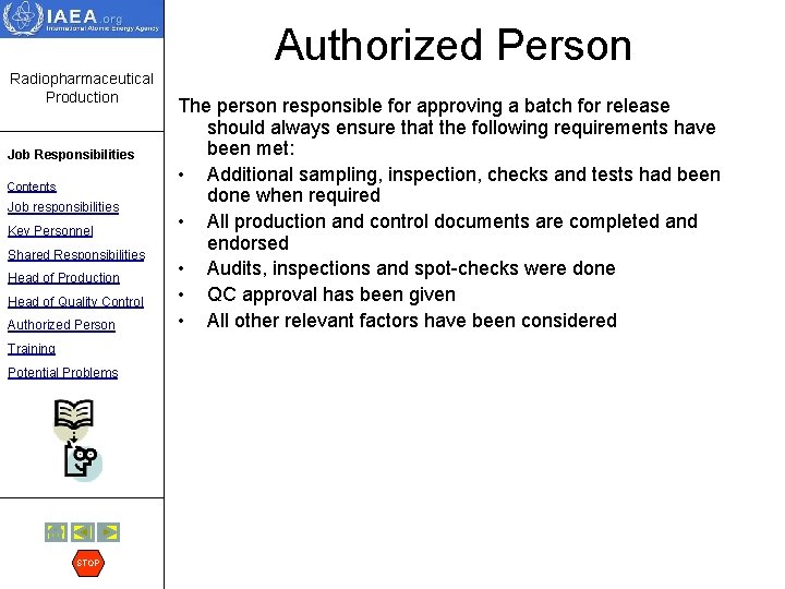 Authorized Person Radiopharmaceutical Production Job Responsibilities Contents Job responsibilities Key Personnel Shared Responsibilities Head
