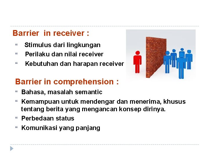 Barrier in receiver : Stimulus dari lingkungan Perilaku dan nilai receiver Kebutuhan dan harapan