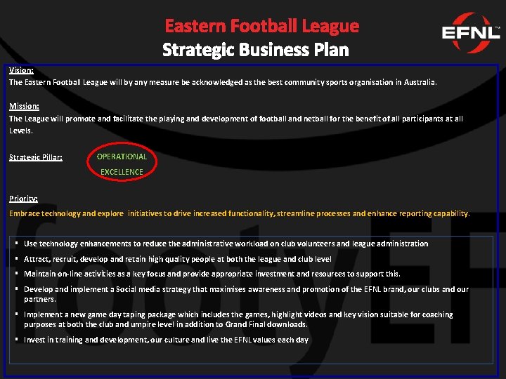 Eastern Football League Strategic Business Plan Vision: The Eastern Football League will by any